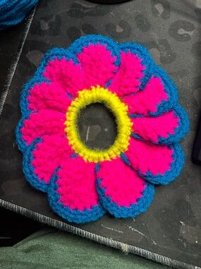 Handmade Pink & Blue Flower Crochet Hair Scrunchie with Yellow Center